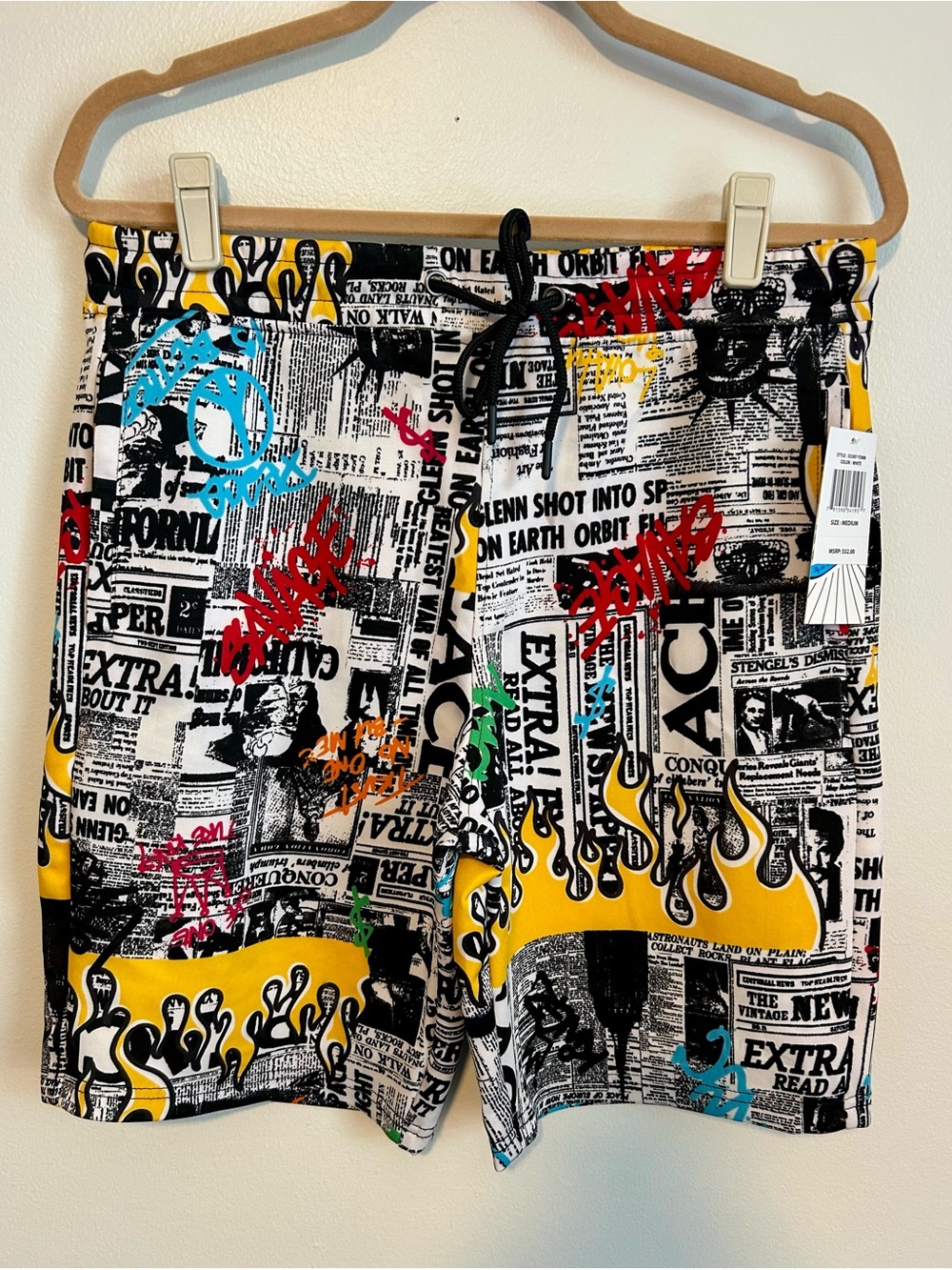 Men’s Graphic Newspaper Print Shorts with Yellow Flame Accents